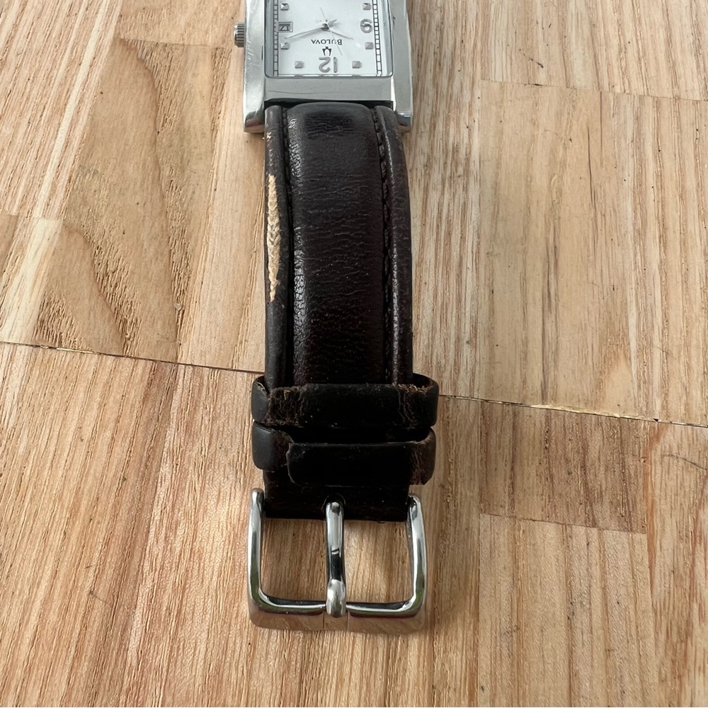 Bulova rectangular silver tone brown leather watc… - image 4